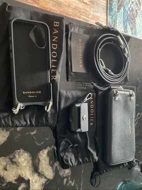 Bandolier Black Leather Crossbody Phone Case with Strap for iPhone 16